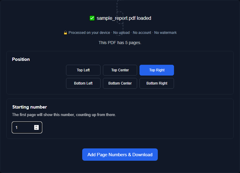 Orisod's Add Page Numbers tool with a sample PDF loaded, showing the page-count message and the placement grid with a position selected