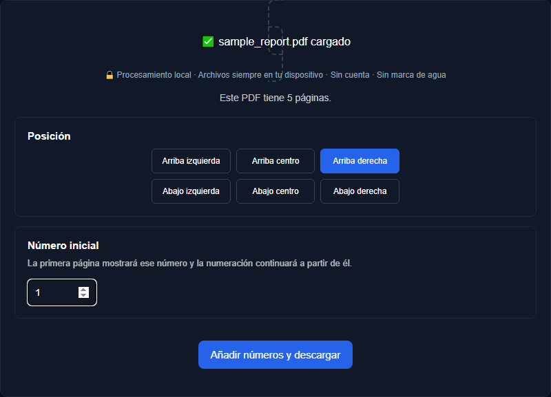Herramienta Añadir números de página de Orisod con un PDF de muestra cargado, mostrando el mensaje de número de páginas y la cuadrícula de posición con una opción seleccionada