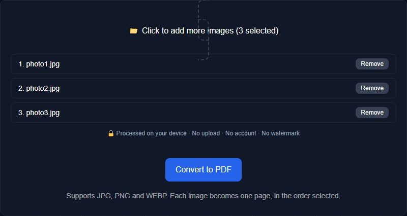 Orisod's Image to PDF tool showing several photos selected, listed in the order they'll become PDF pages, each removable before converting