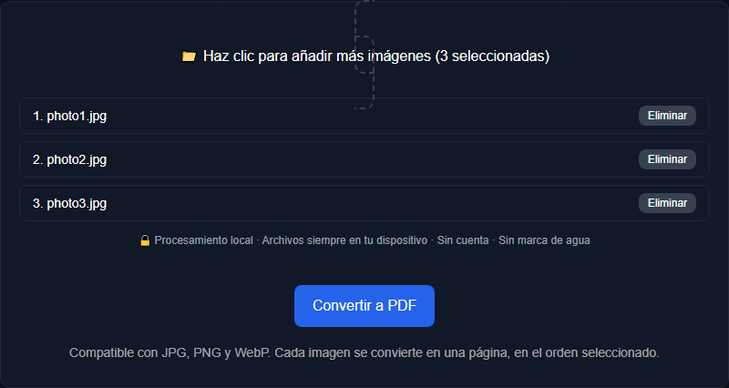 Herramienta Imágenes a PDF de Orisod mostrando varias fotos seleccionadas, en el orden en que se convertirán en páginas del PDF, con controles para quitar cualquiera antes de convertir