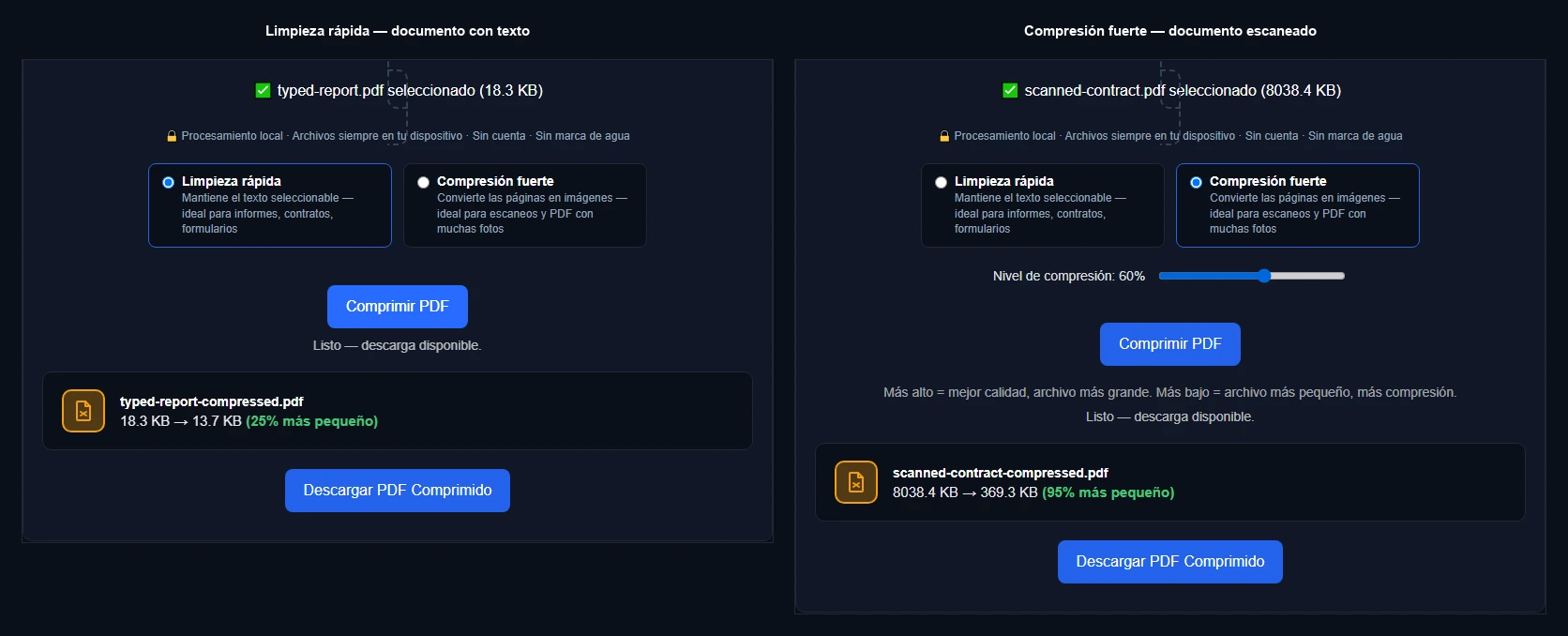 Herramienta Comprimir PDF de Orisod comparando Limpieza rápida en un documento con texto y Compresión fuerte en un documento escaneado, con resultados reales de tamaño de archivo para cada uno