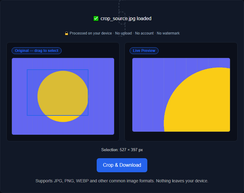 Orisod's Crop Image tool mid-drag, showing the selection box on the source image and its live pixel-dimension readout