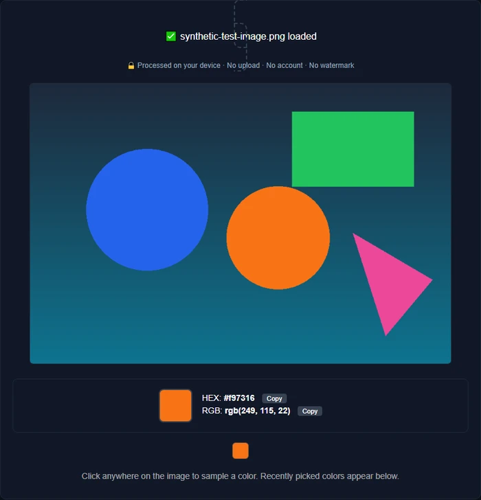 Orisod's color picker showing a clicked pixel on a photo and its exact HEX and RGB values