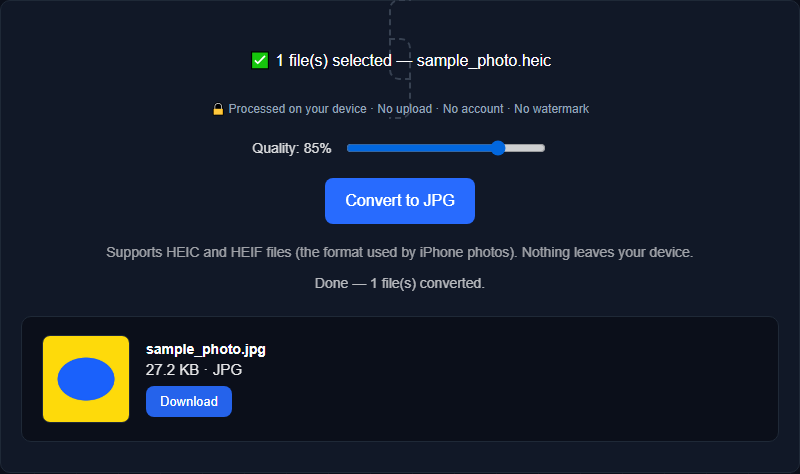 Orisod's HEIC to JPG converter showing a converted photo with its resulting JPG file size
