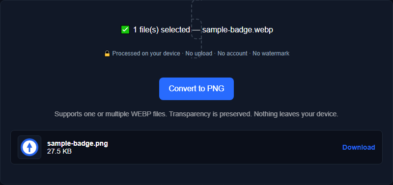 Orisod's WebP to PNG converter showing a WebP file being converted, transparency preserved