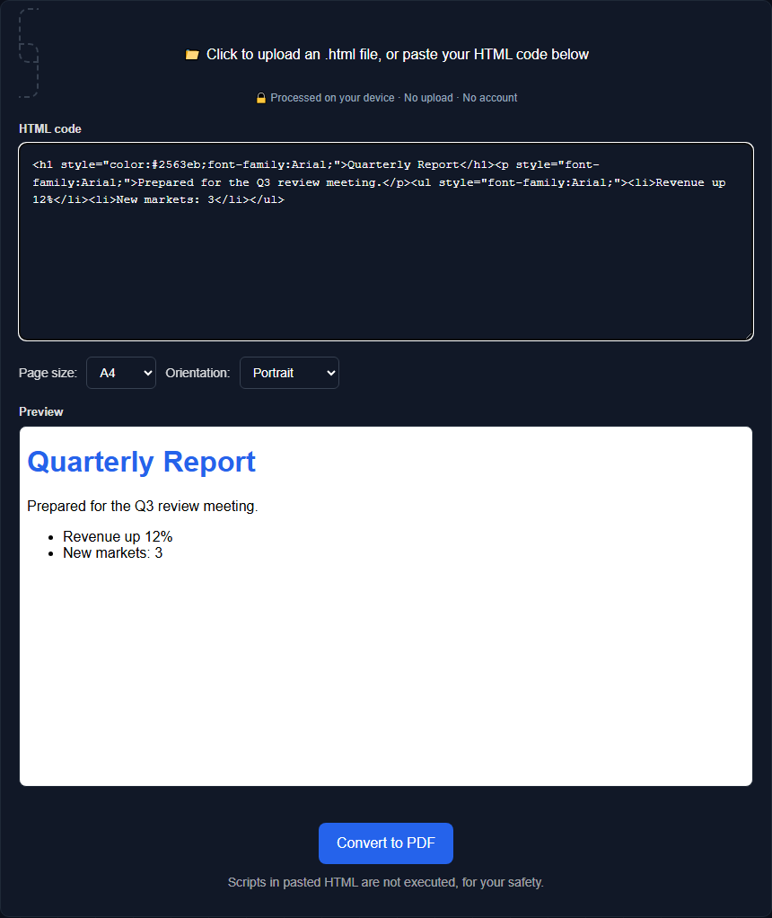 Orisod's HTML to PDF tool showing pasted HTML code alongside its live rendered preview
