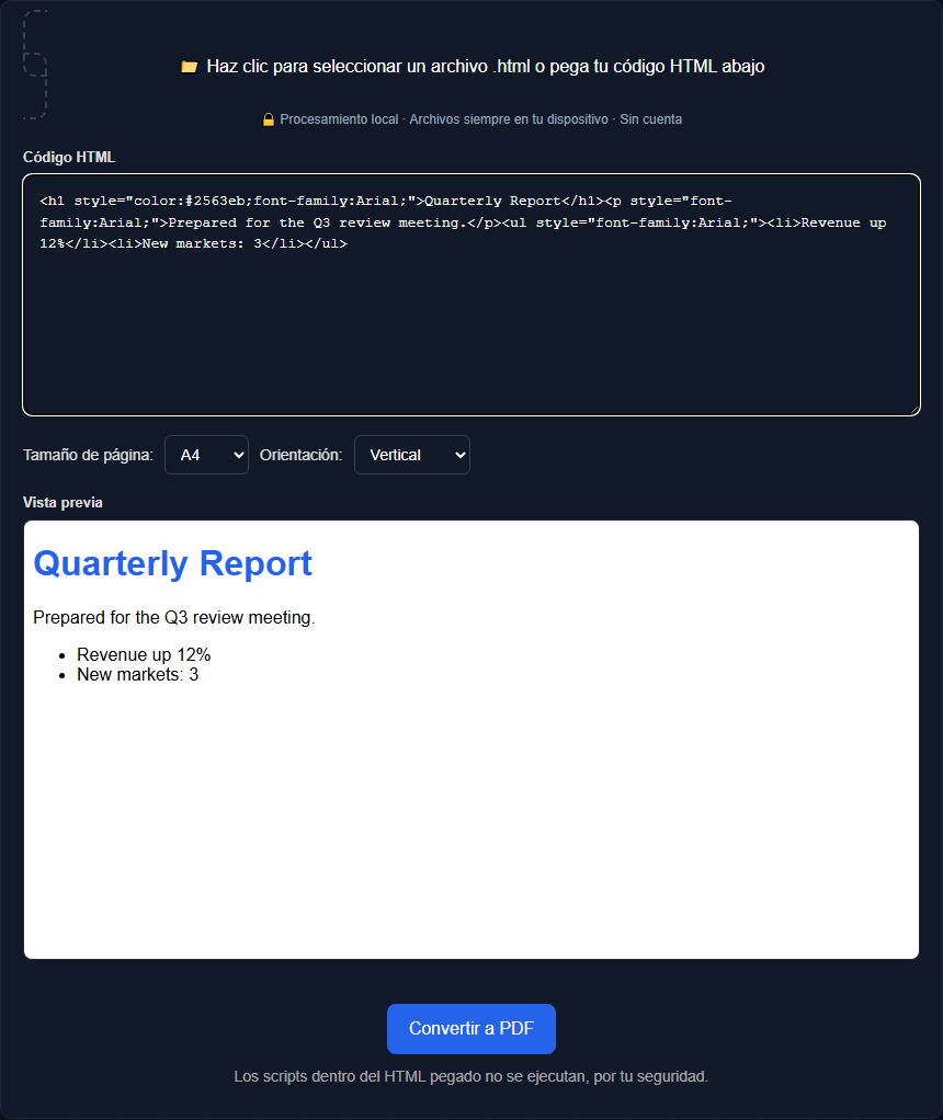 Herramienta HTML a PDF de Orisod mostrando código HTML pegado junto a su vista previa renderizada