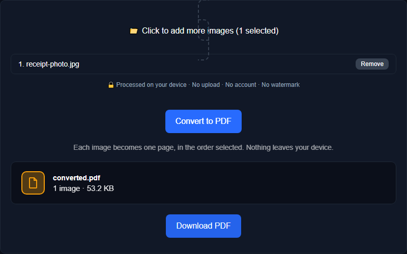 Orisod's JPG to PDF tool converting a photographed document into a standard PDF file