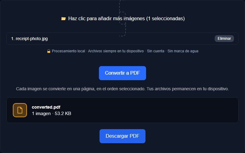 Herramienta JPG a PDF de Orisod convirtiendo un documento fotografiado en un archivo PDF estándar