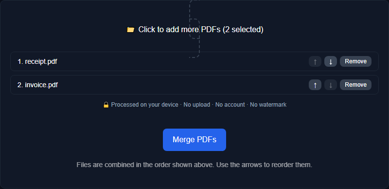 Orisod's Merge PDF tool showing several files queued and reordered before merging into one document