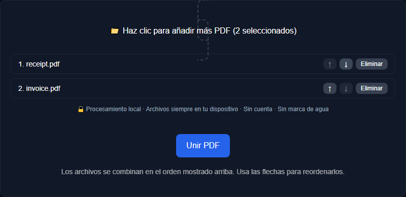 Herramienta Unir PDF de Orisod mostrando varios archivos en cola y reordenados antes de combinarlos