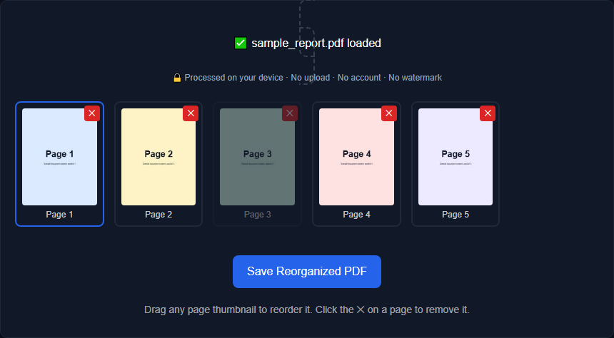 Orisod's PDF Page Organizer showing a thumbnail grid with one page being dragged into a new position