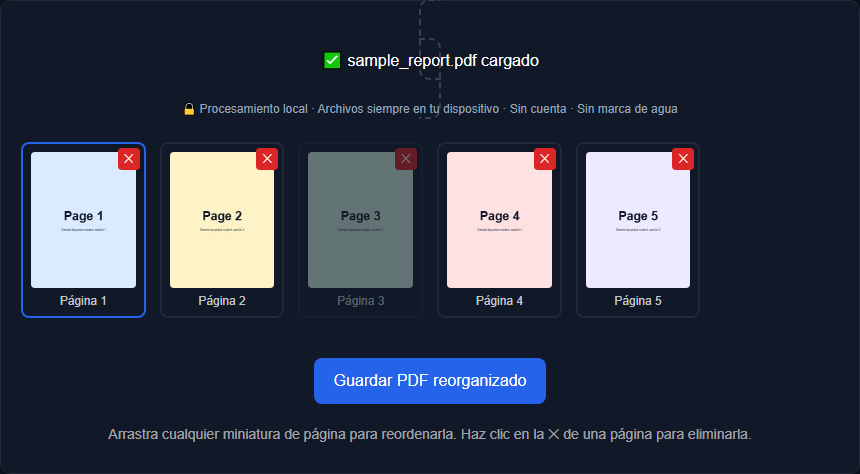 Organizador de páginas PDF de Orisod mostrando una cuadrícula de miniaturas con una página arrastrada a una nueva posición