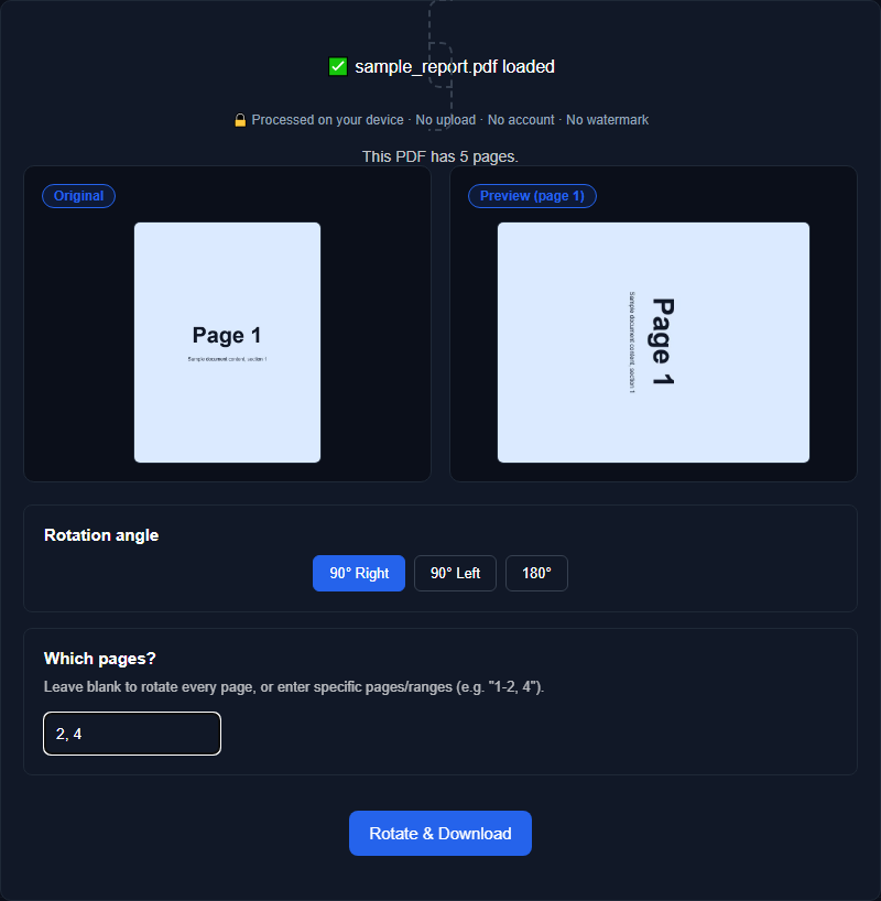 Orisod's PDF rotator showing an Original vs. rotated Preview comparison of page 1, the rotation-angle buttons, and a text field for targeting specific pages