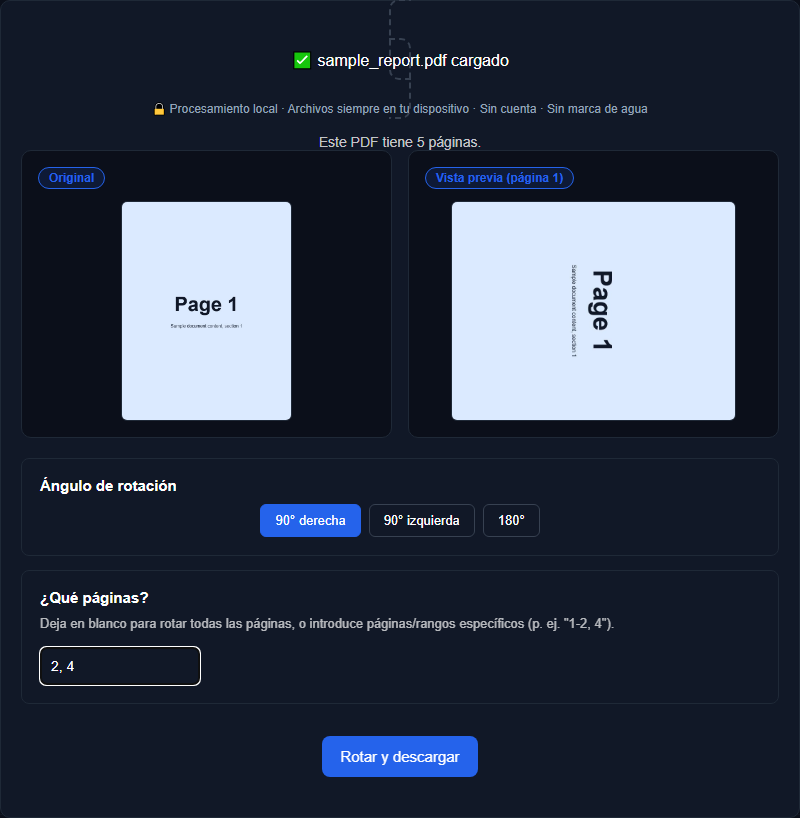 Rotador de PDF de Orisod mostrando una comparación Original vs. Vista previa rotada de la página 1, los botones de ángulo de rotación, y un campo de texto para elegir páginas específicas
