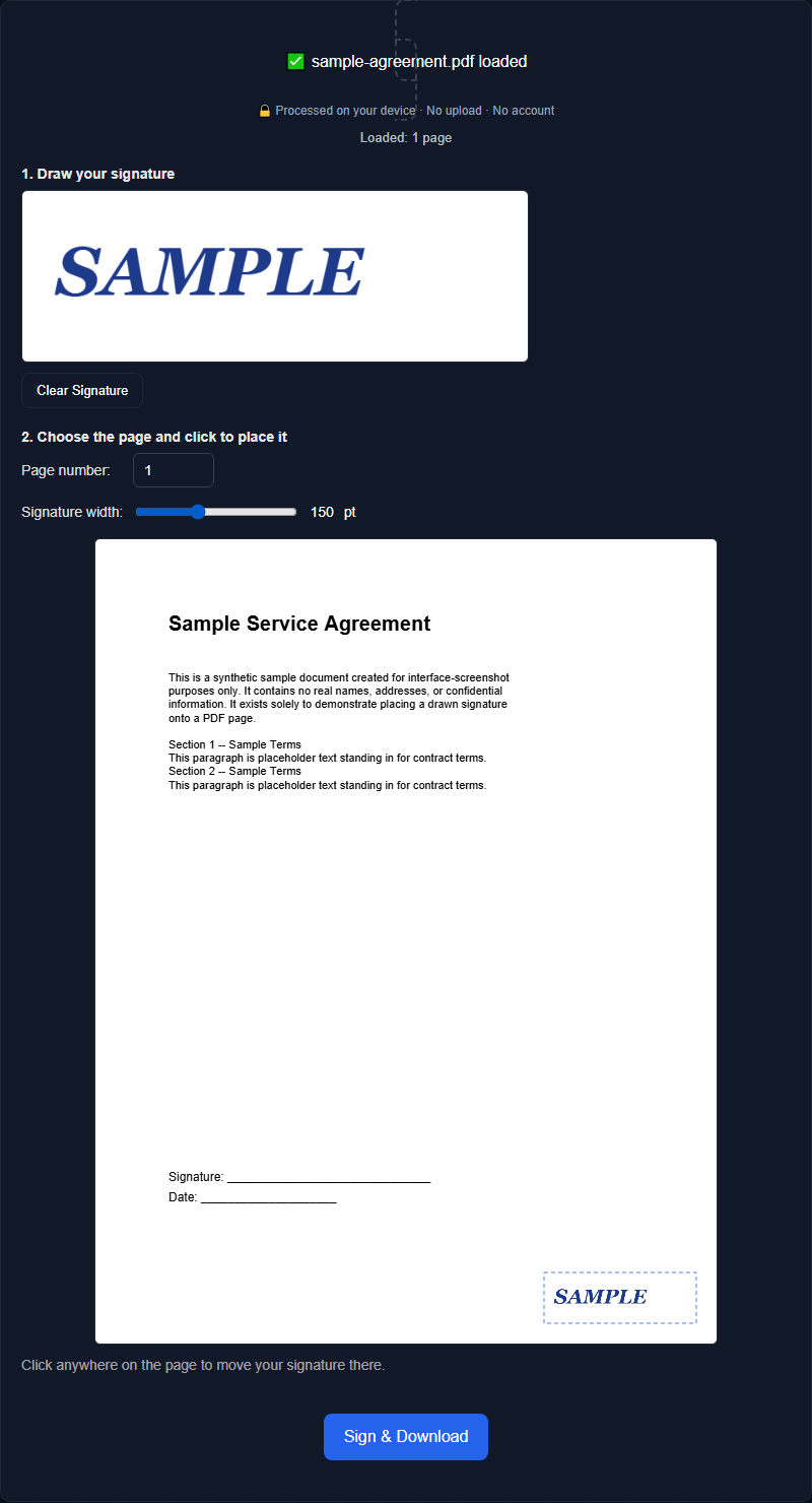 Orisod's Sign PDF tool showing a drawn signature being placed and resized on a document page