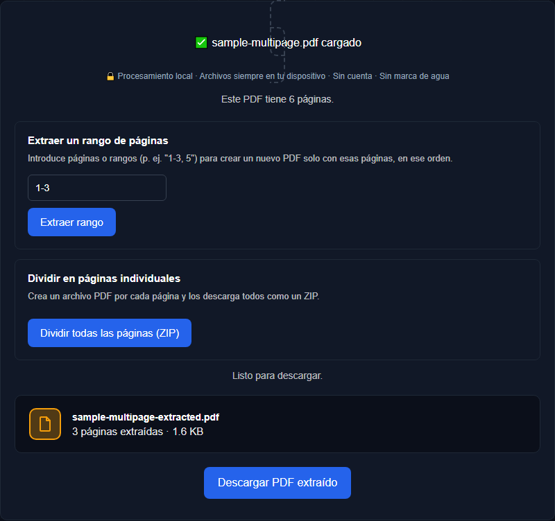 Divisor de PDF de Orisod mostrando un rango de páginas ingresado para extraer, junto a la opción de separar cada página en un archivo individual
