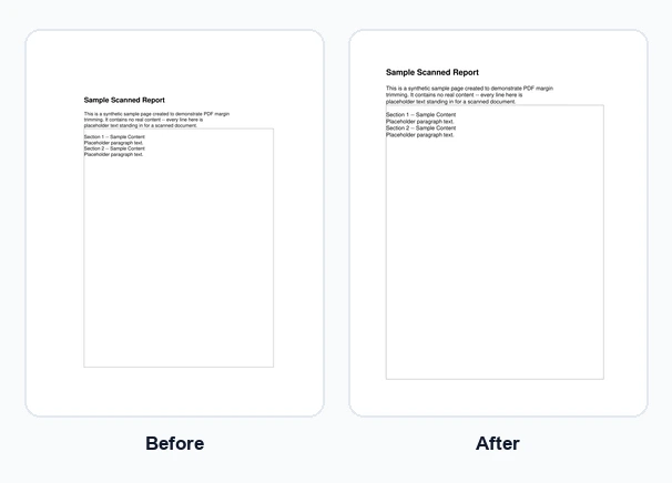 A scanned page shown with wide white margins, and the same page after trimming the margins to fit the content