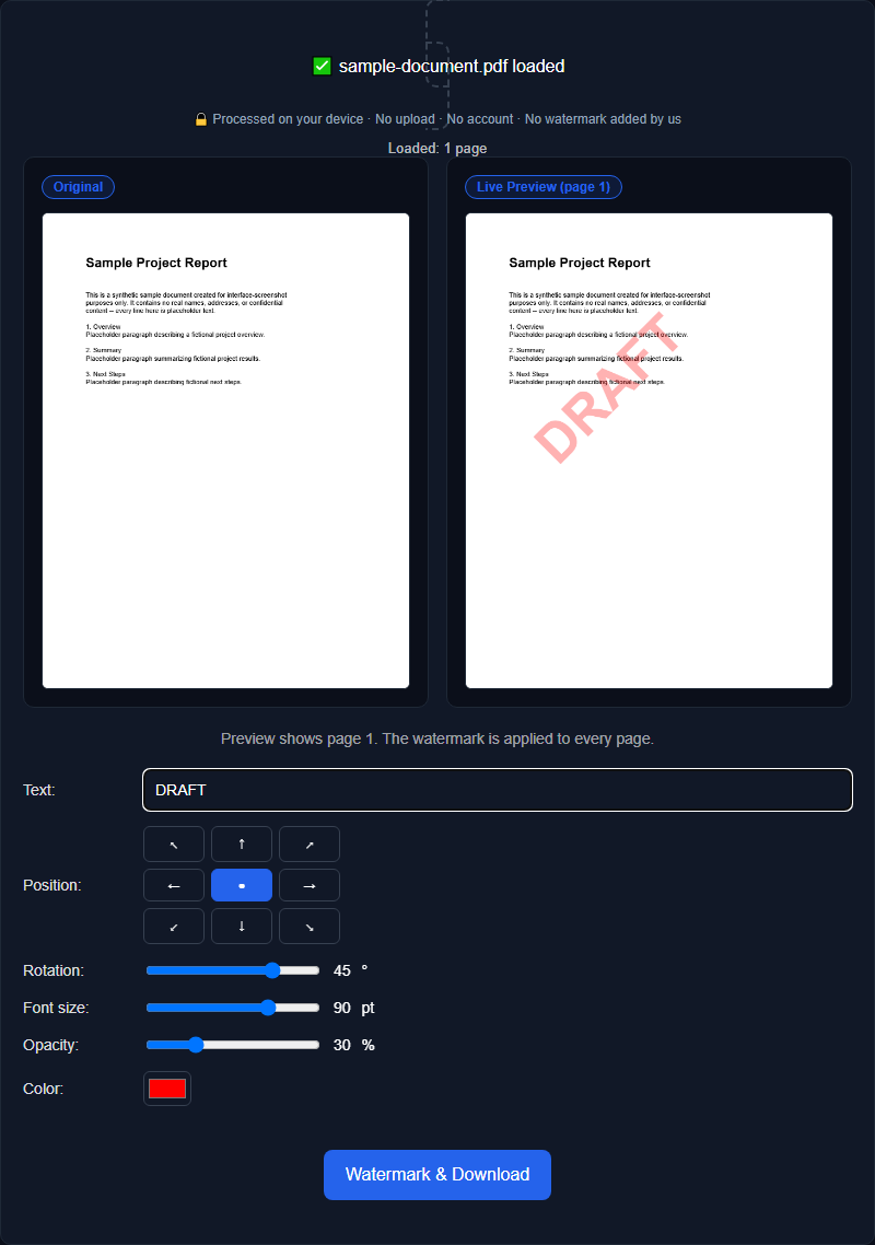 Orisod's Watermark PDF tool showing a diagonal ‘DRAFT’ watermark applied across a document page with opacity controls visible